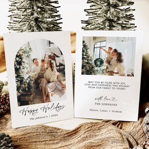 Modern Photo Happy Holidays Card Template, Printable Minimalist Christmas Card, Simple New Year Card With Picture, Boho Arch Holiday Card MC