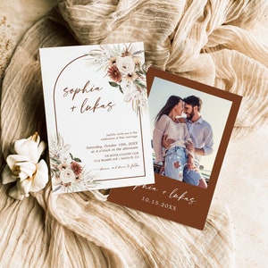 Boho Arch Terracotta Wedding Invitation Template, Rustic Fall Floral Reception Invites, DIY Editable Bohemian Desert Shower Invite, T7