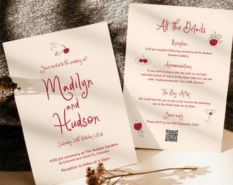 Hand Drawn Wedding Invitation Template, Whimsical Doodle Wedding Invites, Handwritten Wedding Invite, Cherry Scribble Illustrations, Q1