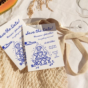 French Style Inspired Save the Date Template, DIY Editable Hand Drawn Champagne Tower Invite, Customizable Handwritten Doodle Text PR