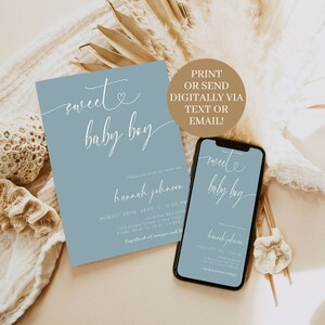 Boy Baby Shower Invitation Template | Modern Minimalist Baby Shower Invite | Boy Baby Shower | Dusty Blue Baby Shower Invite | Baby Boy, BM1