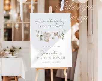 Boho Baby Shower Welcome Sign Gender Neutral Baby Clothesline Baby Sprinkle Sign Green Baby Shower Welcome Poster Editable Template BB