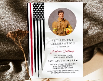 Fireman Retirement Party Invitation Template, DIY Printable Fire Department Retire Invite, Editable Photo Thin Red Line Flag Invites, US