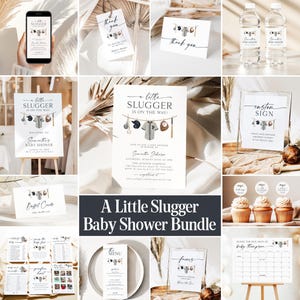 May include: A collection of baby shower decorations and stationery with a baseball theme. Includes invitations, thank you cards, signs, cupcake toppers, and a calendar. The text "A Little Slugger Baby Shower Bundle" is displayed.