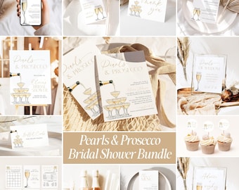 May include: A Pearls & Prosecco bridal shower stationery bundle featuring white cards with gold champagne tower illustrations and elegant typography. Includes invitations, menus, thank you tags, cupcake toppers, and signage for a cohesive event set.