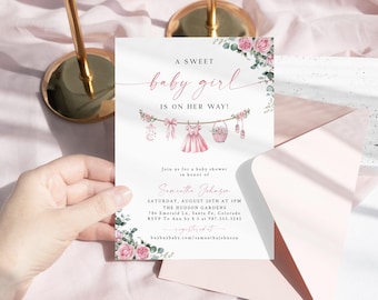 Boho Girl Clothesline Baby Shower Invitation Sweet Baby Girl Invite Boho Baby Clothes Editable Template Instant Download Pink Floral BG