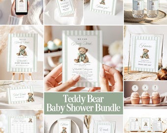 Teddy Bear Baby Shower Invitation Bundle We Can Bearly Wait Green Bow Boy Baby Shower Games + Signs Editable Template Instant Download B7