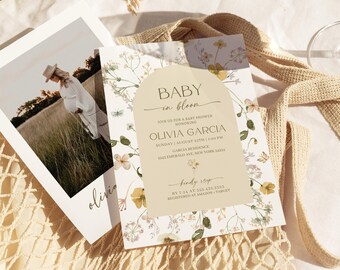 Invitación Baby In Bloom, invitación para baby shower, baby shower floral de primavera y verano, plantilla digital de invitación para baby shower, Boho Baby, WF1