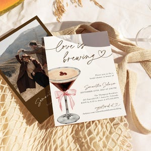 Love is Brewing Bridal Shower Invitation Template, Espresso Martini Bridal Shower Invite, Pink Bow Wedding Shower, Editable Template PEM