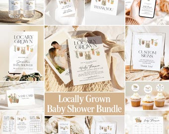 May include: A baby shower stationery bundle featuring a "Locally Grown" theme with watercolor illustrations of garden vegetables and baby overalls hanging on a clothesline, including invitations, signs, tags, and game cards.