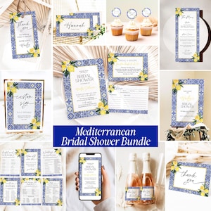 Mediterranean Lemon Bridal Shower Invitation Template Bundle Editable Italian Blue Tiles Frame Invites DIY Main Squeeze Positano Wedding, DB image 1