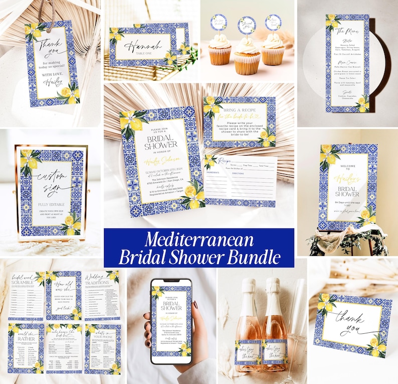 Mediterranean Lemon Bridal Shower Invitation Template Bundle Editable Italian Blue Tiles Frame Invites DIY Main Squeeze Positano Wedding, DB image 1