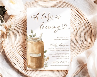 Plantilla de invitación para baby shower "Baby Is Brewing" (El bebé está en proceso) Invitación de café helado Espresso Latte Invitación de género neutro Invitaciones editables de granos de café IC