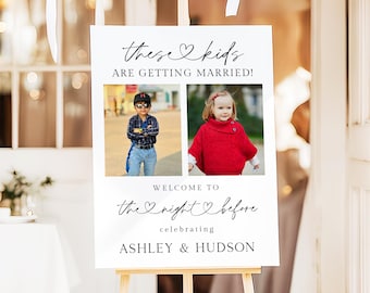 Repetitiediner Welkom Fotobord Deze kinderen gaan trouwen Bewerkbaar De avond voor het huwelijk verlovingsfoto bordsjabloon HC