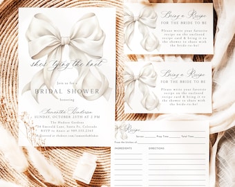She's Tying the Knot Bridal Shower Invite Elegant Off White Bow Bridal Invitation Set Ribbon Wedding Shower Invite Template Bundle X1