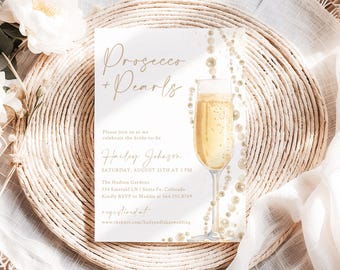 Pearls and Prosecco Bridal Shower Invitation Template Printable Minimalist Pearl Bridal Shower Invite Pearls & Prosecco Wedding Shower PP