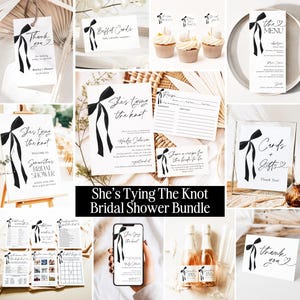 Black Bow Bridal Shower Invitation, She&#39;s Tying the Knot Bridal Shower Bundle, Minimalist Black Bow Bridal Shower Games Editable Template B3