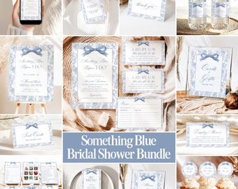 Blue Bow French Toile Bridal Shower Bundle Something Blue Before I Do Invite Vintage Floral Chinoiserie Signs + Games Editable Template B5