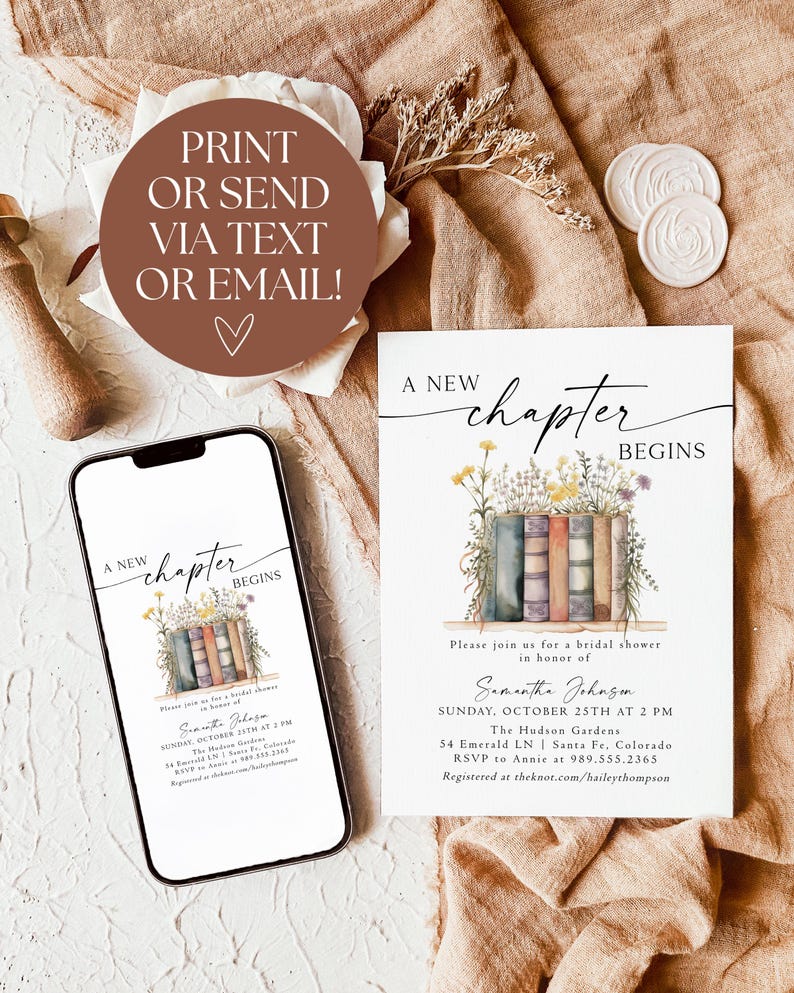 May include: A white card with a watercolor illustration of a stack of books with flowers on top. The text "A new chapter begins" is written in black cursive. The card is a bridal shower invitation for Samantha Johnson on Sunday, October 25th at 2 PM at The Hudson Gardens, 54 Emerald LN, Santa Fe, Colorado. RSVP to Annie at 989.555.2365. Registered at theknot.com/haileythompson.
