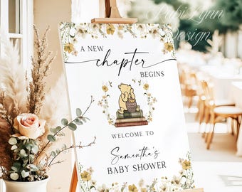 A New Chapter Begins Classic Winnie-The-Pooh Baby Shower Welcome Sign A Little Honey Is On The Way Baby Shower Sign Editable Template PB2