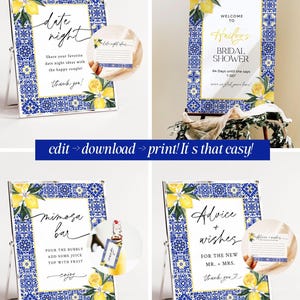 Mediterranean Lemon Bridal Shower Invitation Template Bundle Editable Italian Blue Tiles Frame Invites DIY Main Squeeze Positano Wedding, DB image 3