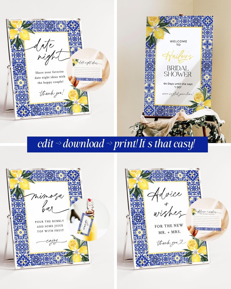 Mediterranean Lemon Bridal Shower Invitation Template Bundle Editable Italian Blue Tiles Frame Invites DIY Main Squeeze Positano Wedding, DB image 3