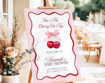Cherry On Top Baby Shower Welcome Sign, Cherry Sweet Baby Sprinkle, Mon Cheri Baby Shower Welcome Poster, Coquette Baby Shower Sign, C3