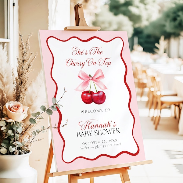 Cherry On Top Baby Shower Welcome Sign, Cherry Sweet Baby Sprinkle, Mon Cheri Baby Shower Welcome Poster, Coquette Baby Shower Sign, C3