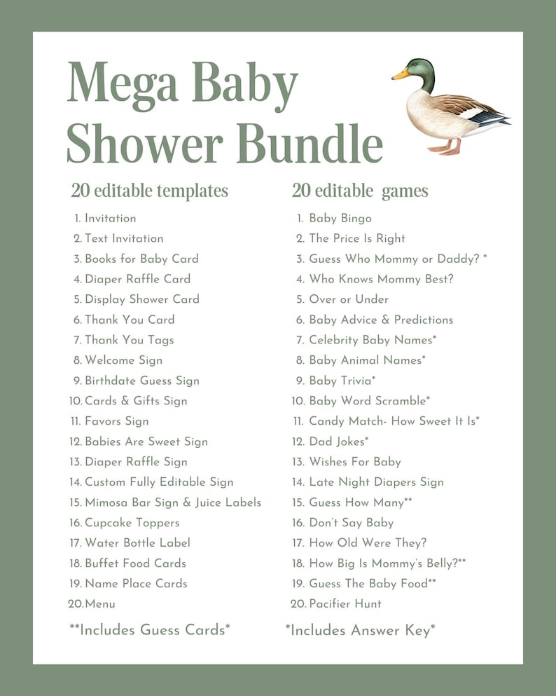 Mallard Baby Shower Invitation Bundle Green Plaid Duck Baby Shower Invite Duck Hunting Shower Games Editable Template Instant Download MD image 9