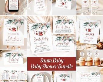 May include: A bundle of baby shower stationery with a Santa Baby theme. Includes invitations, thank you cards, favor tags, and a calendar. The design features festive red, green, and gold accents, ideal for a holiday-themed baby shower.
