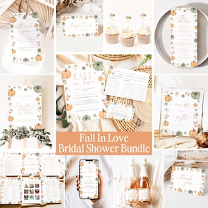 Fall in Love Bridal Shower Bundle, Autumn Pumpkin Bridal Shower Invitation, Editable Game Bundle, Printable Rustic Bridal Shower Games, G6