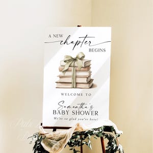 Szablon powitalnego napisu na baby shower z nowym rozdziałem, edytowalny plakat z motywem bajki, zielony napis na przyjęciu z motywem książki z kokardą, początek nowej historii, Wielka Brytania zdjęcie 6