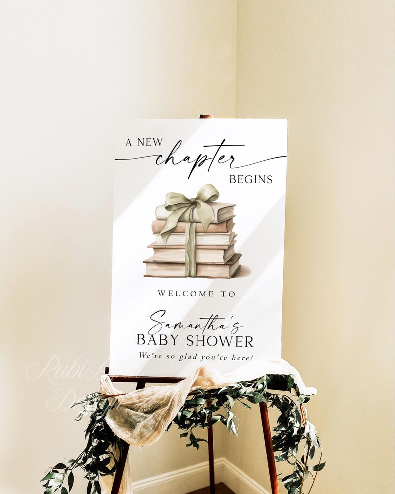 Szablon powitalnego napisu na baby shower z nowym rozdziałem, edytowalny plakat z motywem bajki, zielony napis na przyjęciu z motywem książki z kokardą, początek nowej historii, Wielka Brytania zdjęcie 6