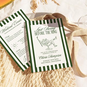 May include: Bachelorette party invitations with white and green stripes. The invitation reads "Last Swing Before The Ring" and includes event details. The invitations are on a beige mesh bag with a papaya half in the background.