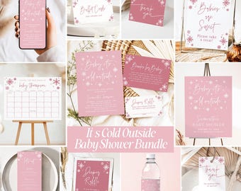 May include: A baby shower bundle with a pink and white snowflake theme. Includes invitations, signs, a calendar, and thank you cards. The text "It's Cold Outside Baby Shower Bundle" is displayed.