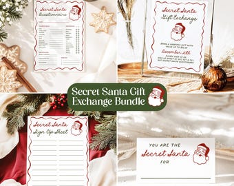 May include: A Secret Santa gift exchange bundle featuring a questionnaire, sign-up sheet, gift exchange sign, and name tags. Each item has a red border and Santa Claus graphic. The bundle is perfect for holiday parties and gift exchanges.