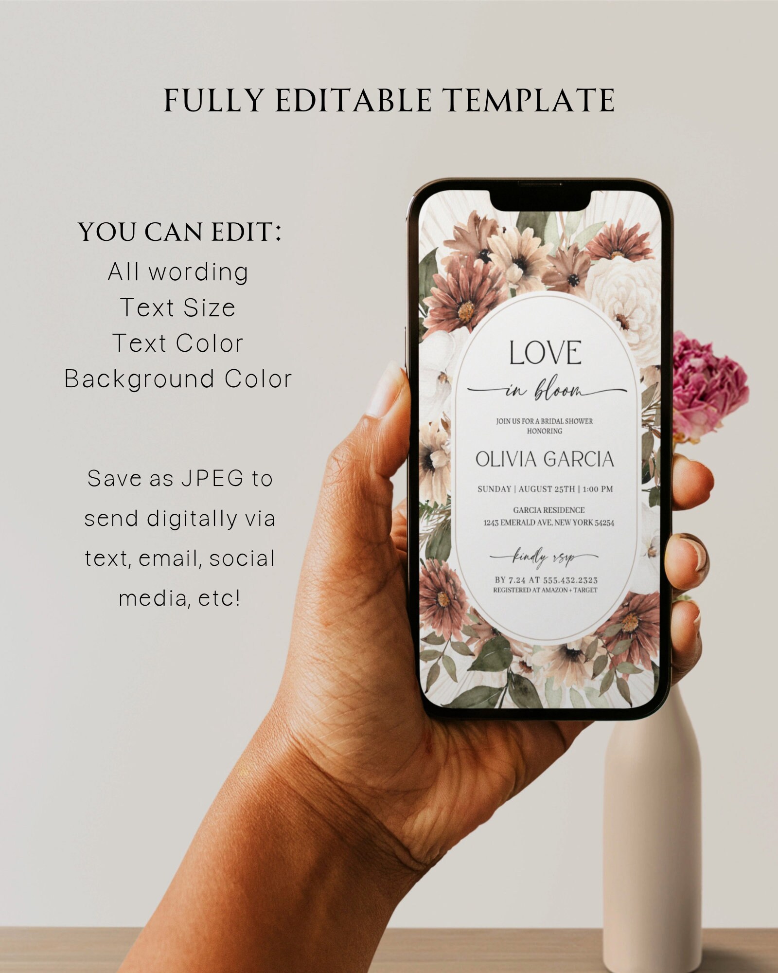 Wildflower Bridal Shower Evite Template, Boho Electronic Bridal Shower ...
