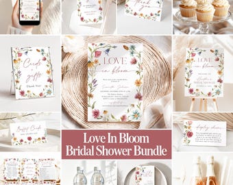 May include: A bridal shower stationery bundle featuring a Love in Bloom theme with watercolour wildflowers, including invitations, thank you tags, menu cards, cupcake toppers, signage for cards and gifts, and water bottle labels.