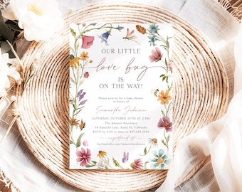 Little Love Bug Baby Shower Invitation Love Bug Baby Shower Invites Wildflower Baby Shower Invite Editable Template Instant Download V1