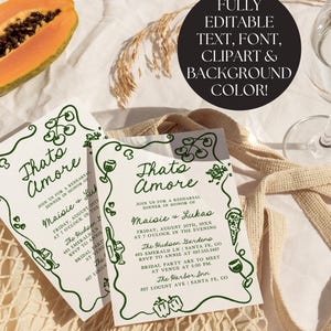 May include: A green and white illustrated invitation card with the text "That's Amore" and the text "Join us for a rehearsal dinner in honor of Maisie & Lukas" with the date and time of the event. The invitation includes a green illustration of a wine glass, a bottle of wine, and a plate of food.