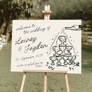 Handwritten Champagne Tower Wedding Welcome Sign Template, Scribble Hand Drawn French Style Whimsical Doodle Illustration Signage, PR
