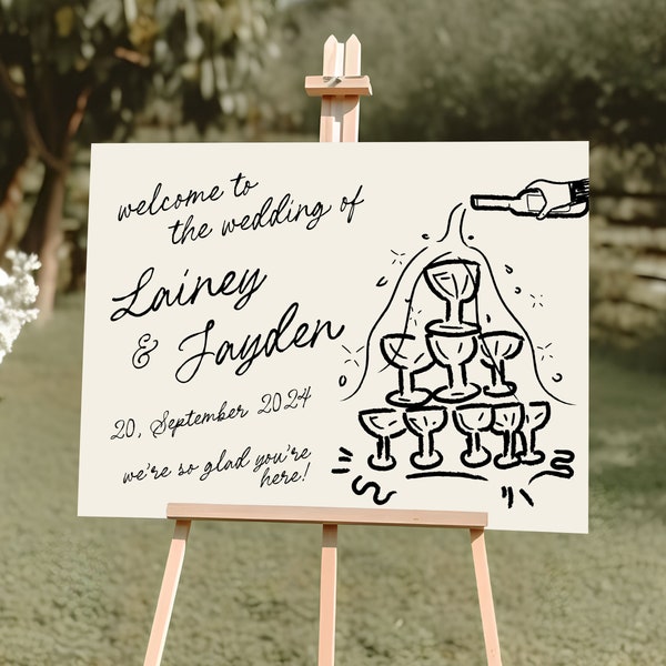 Handwritten Champagne Tower Wedding Welcome Sign Template, Scribble Hand Drawn French Style Whimsical Doodle Illustration Signage, LJ