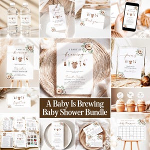 Könnte beinhalten: Eine Collage von Babyparty-Papeterie und Dekorationen. Enthält Einladungen, Dankeskarten, Wasseretiketten, Cupcake-Topper und einen Kalender. Das Thema ist "A Baby Is Brewing" mit floralen und rustikalen Designelementen.
