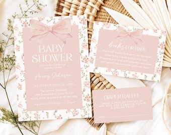 May include: A baby shower invitation set featuring a soft pink color palette with floral borders and a bow graphic. The cards include text for a baby shower, books for baby request, and a diaper raffle, all printed in white and pink lettering.