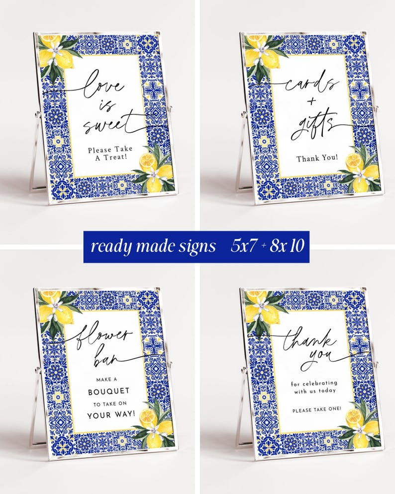 Mediterranean Lemon Bridal Shower Invitation Template Bundle Editable Italian Blue Tiles Frame Invites DIY Main Squeeze Positano Wedding, DB image 4