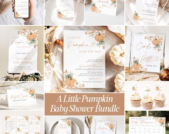 May include: A collection of baby shower stationery with a pumpkin theme. The bundle includes invitations, thank you cards, menu cards, and a calendar. The text "A Little Pumpkin is on the Way" is featured on several items. The color palette includes orange, white, and green.