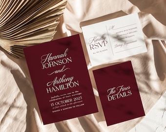Luxury Wedding Invitation Template Modern Burgundy Wedding Invite Set Old Money Theme Bundle Maroon Timeless Wedding Evite Suite MC