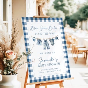 Blue Jean Baby Shower Welcome Sign Template, Boy Blue Denim Gingham Baby Shower Decoration Board, Blue Jeans Baby Is On The Way Theme, BJ