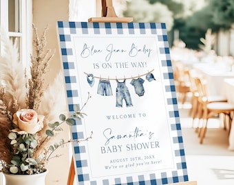 Blue Jean Baby Shower Welcome Sign Template, Boy Blue Denim Gingham Baby Shower Decoration Board, Blue Jeans Baby Is On The Way Theme, BJ