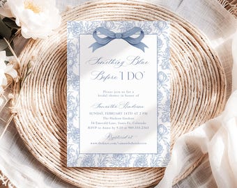 Something Blue Before I Do bruids douche uitnodiging vintage bloemen strik bruiloft uitnodiging Franse toile chinoiserie bewerkbare sjabloon B5